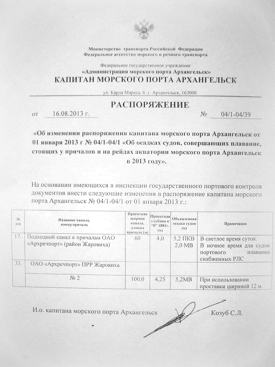 Изменение распоряжения капитана порта Архангельск об осадках на акватории ЦГР «Жаровиха»